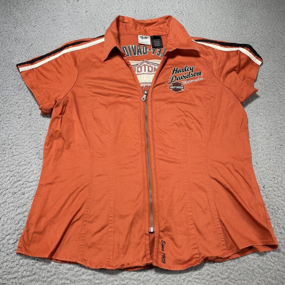 Harley-Davidson Shirt Womens XL Orange Zip Front Embroidered Motorcycles Biker